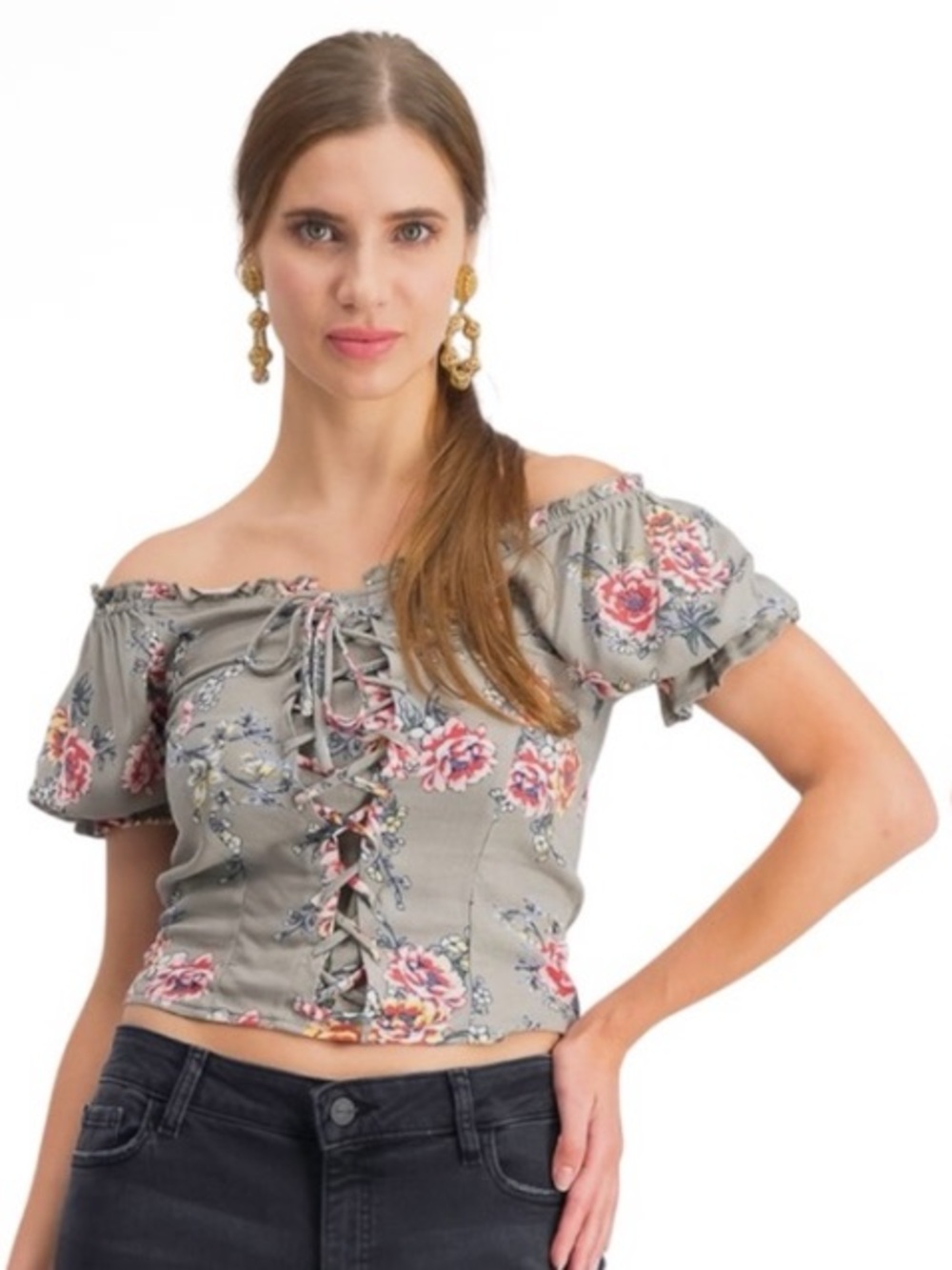 🆕 Cravefame by Almost Famous Floral Off-the-Shoulder Lace-Up Top
